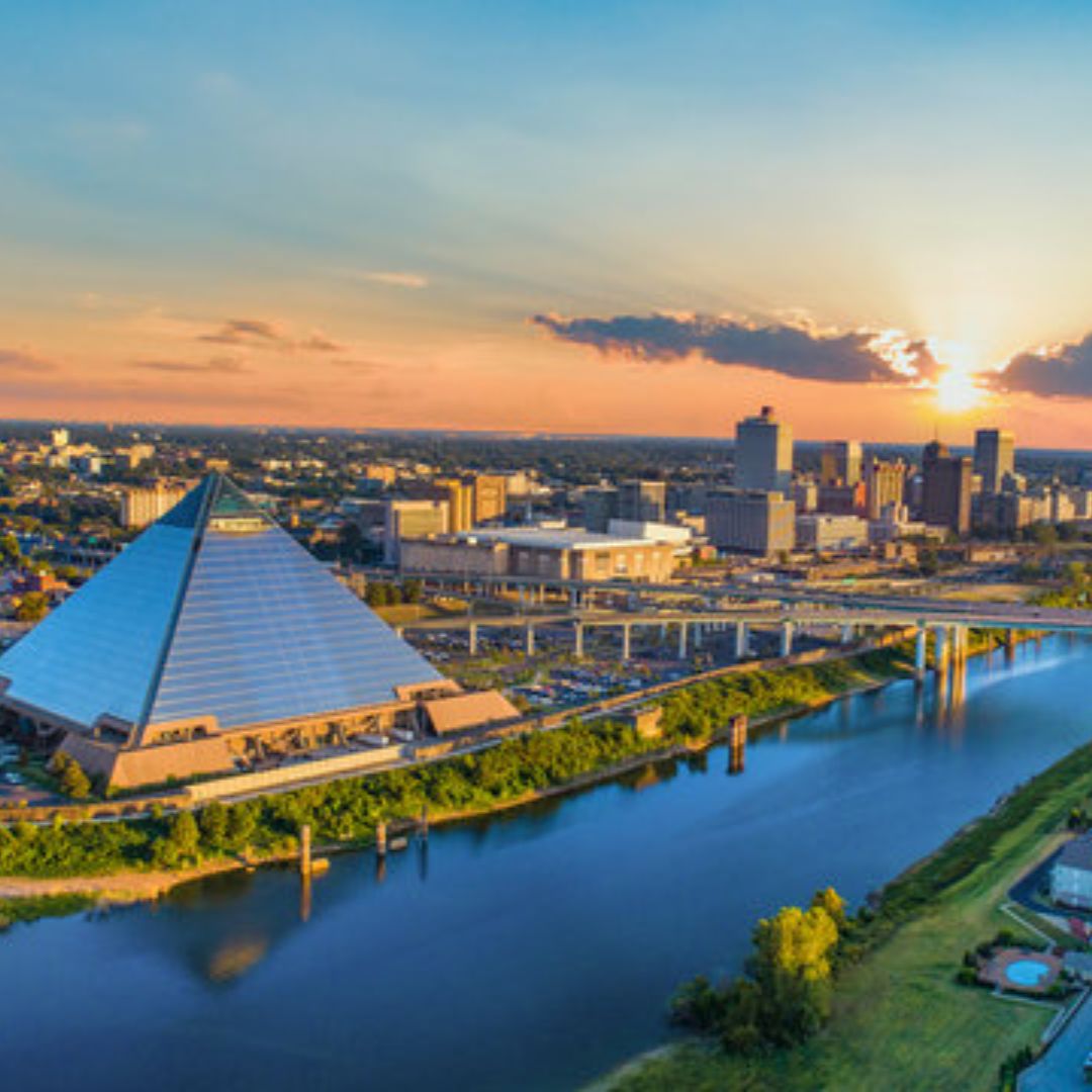 aerial view of downtown memphis with pyramid in foreground